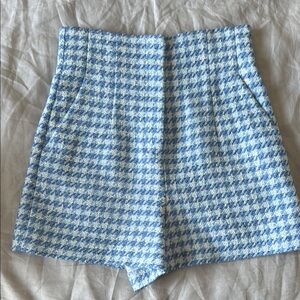 Zara Blue and White High Waist Houndstooth Shorts